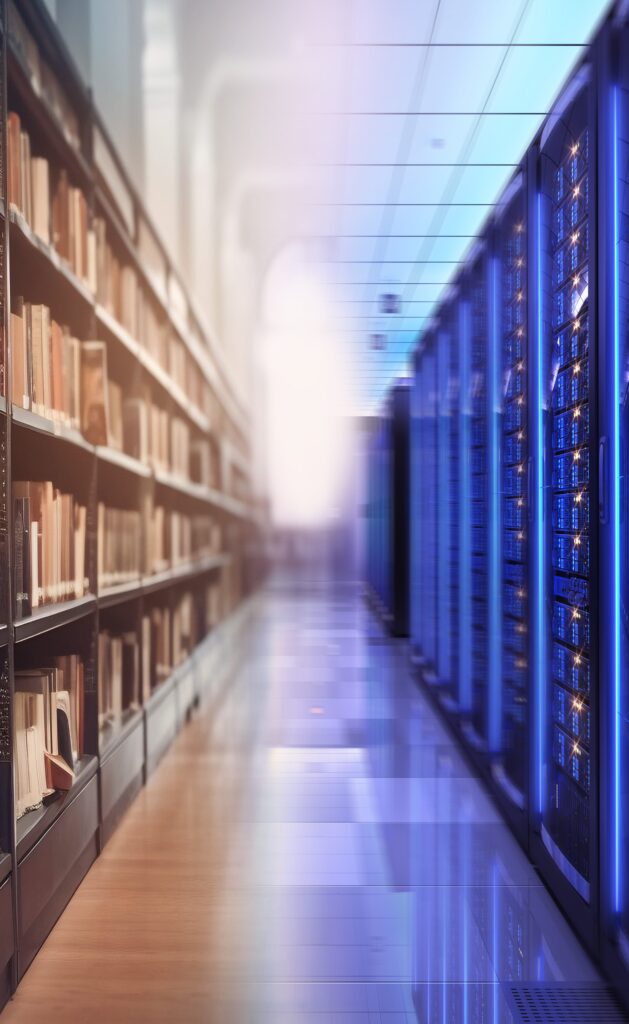 Ai-kuva arkiston käytävästä, jossa vasemmalla puolella kirjoja ja oikealla sähköinen arkistoratkaisu valoineen ja tietoa säilövine yksikköineen.