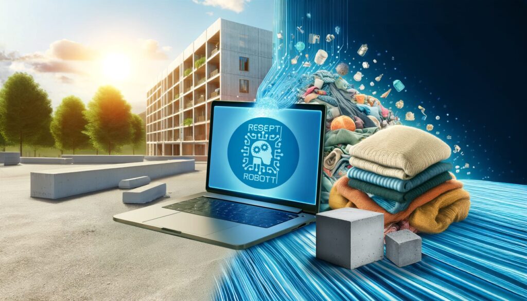 Tekoälyllä tehty kuva, jossa taka-alalla betonikerrostalo ja etualla läppäri ja betonikuutioita.