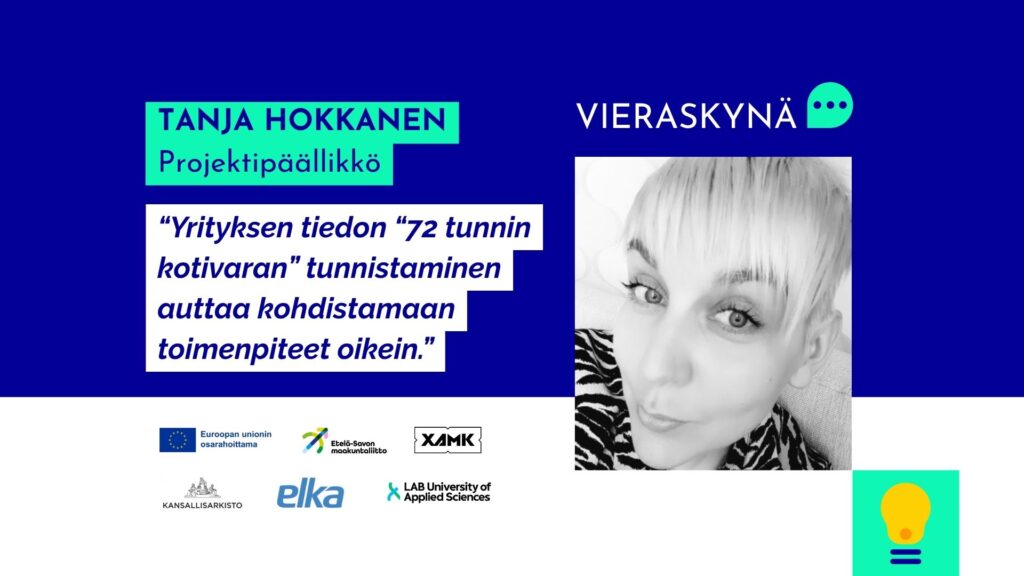 DIH eSavo blogi banneri, kijroittajan kuva, nimi ja sitaatti “Yrityksen tiedon “72 tunnin kotivaran” tunnistaminen auttaa kohdistamaan toimenpiteet oikein.”